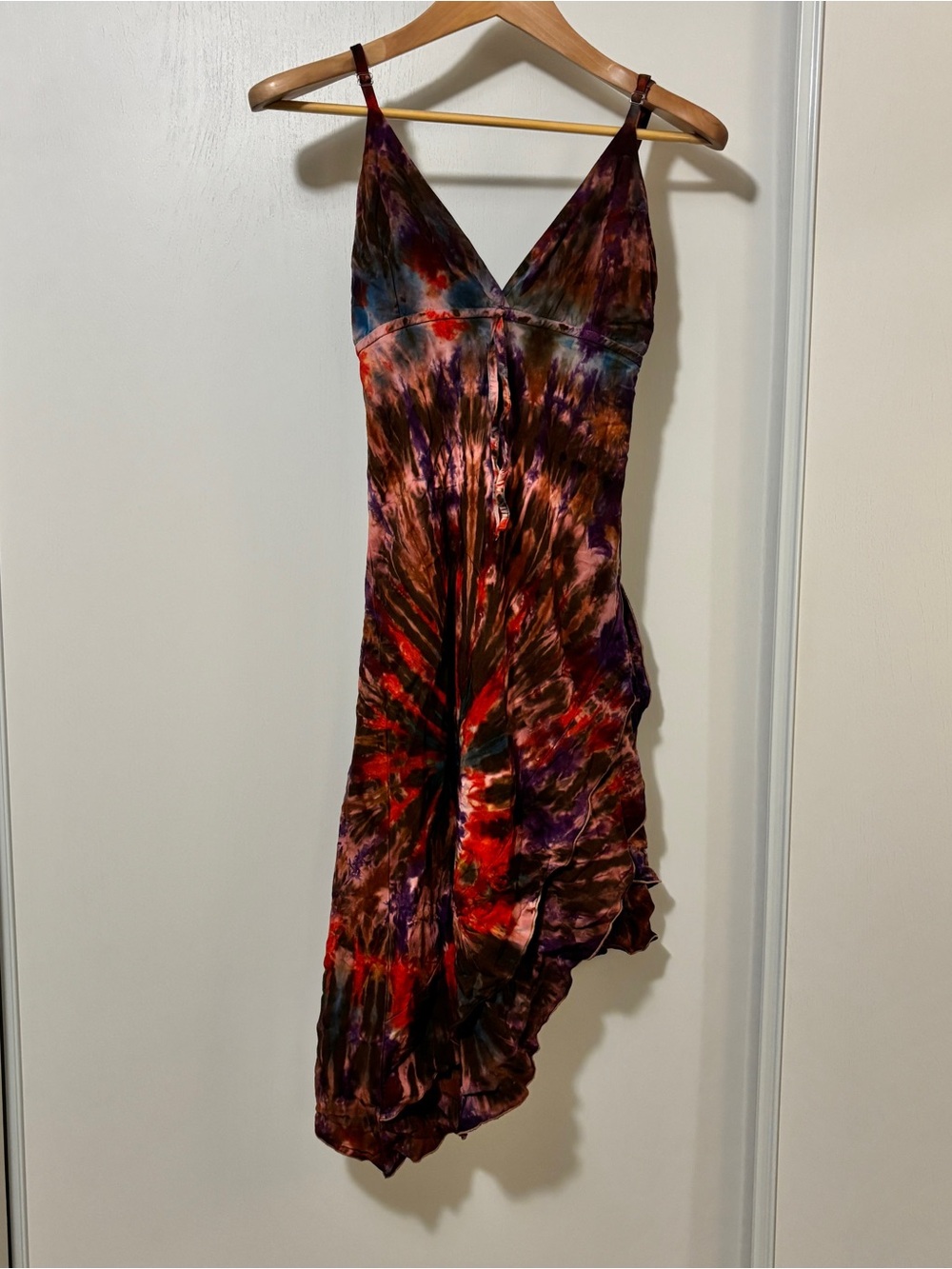 Y2K Asymmetrical Ice Dyed Slip Dress Multicolor Size Small Ruffle Babydoll Boho